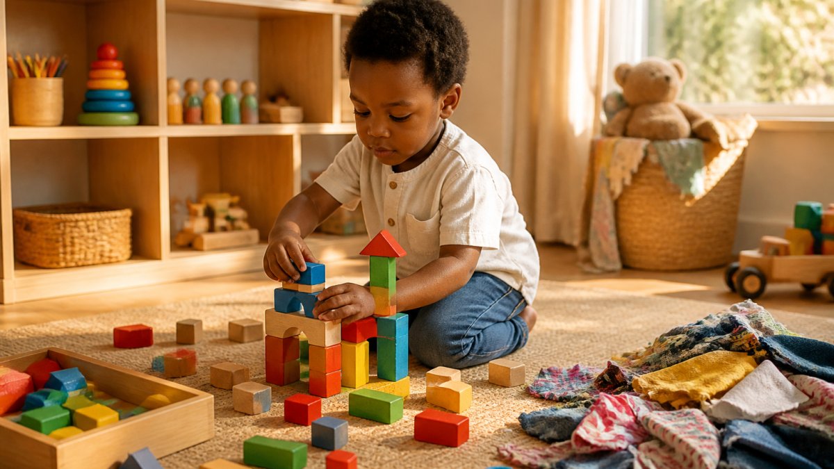 Toddler with focused expression building colourful wooden blocks on a soft rug, with fabric scraps, crayons, and open-ended materials scattered nearby in natural daylight