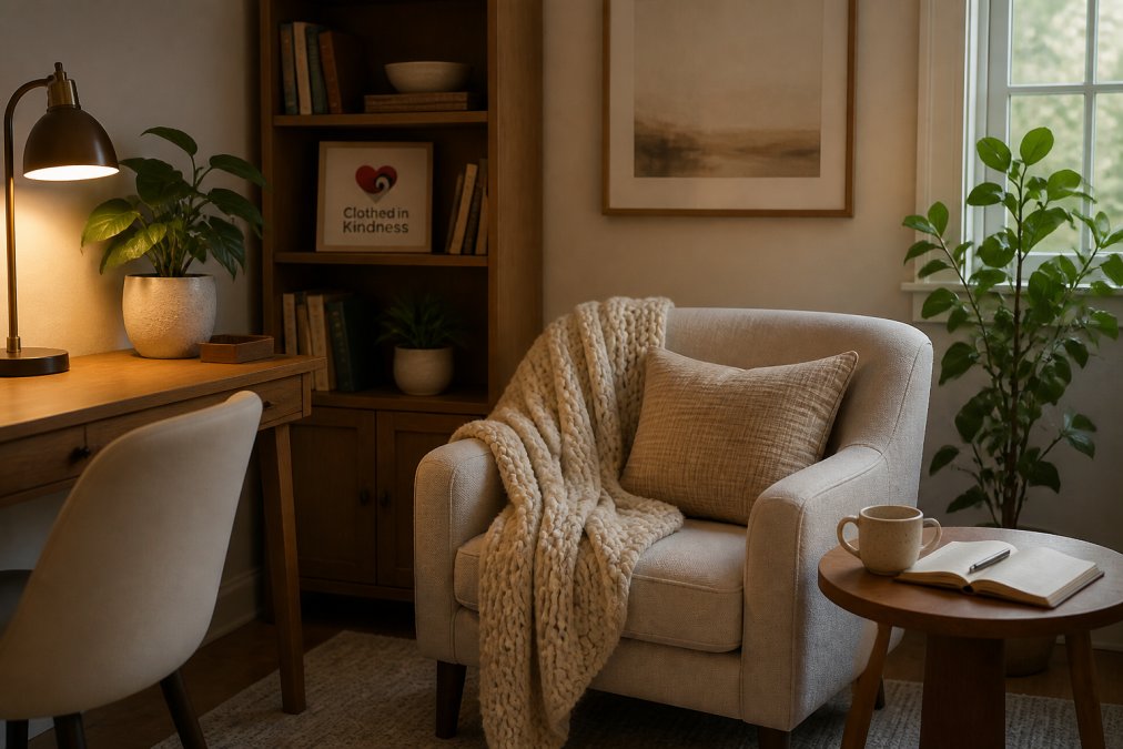 Checklist infographic for encouraging home decor for quiet spaces featuring a cozy office reading nook.