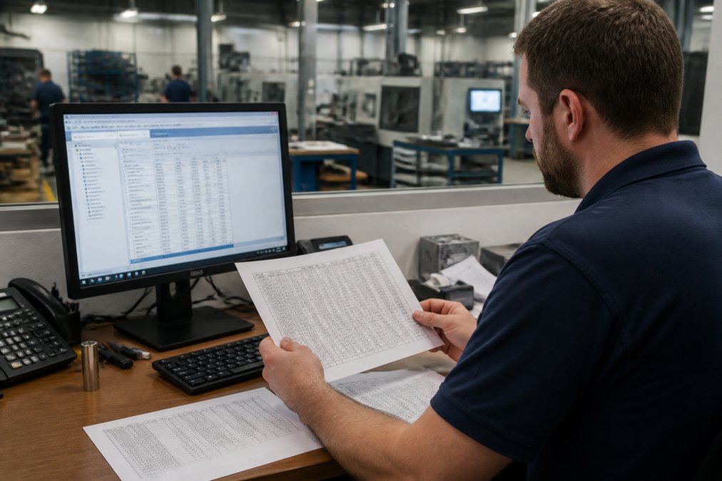 A manufacturing operations manager at a desk comparing a printed spreadsheet against a computer screen showing ERP data, with a factory floor visible through a window behind them