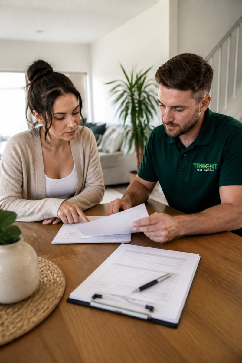 A property manager and tenant reviewing a tenancy agreement and pest control invoice at a dining table in a bright rental property, with a clipboard and pen in view