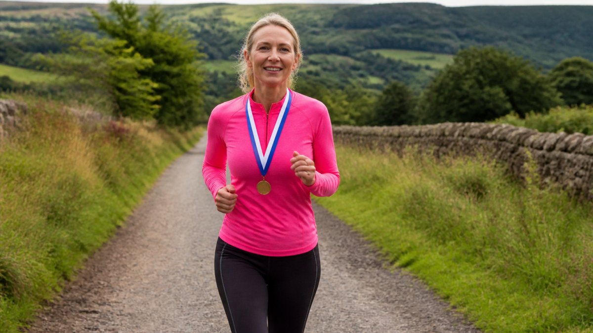 Woman in her 40s running on a country path with confidence, wearing bright running gear and a medal around her neck, natural daylight and green landscape behind her