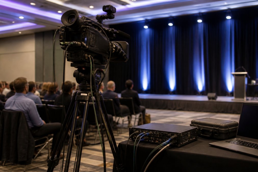 A professional broadcast camera on a tripod in a corporate conference room, with a live streaming encoder and laptop visible on a nearby table and stage lighting illuminating the background