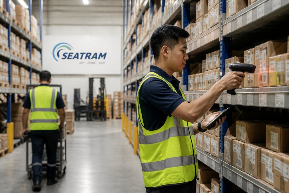 Warehouse workers managing inventory on shelves with barcodes, using handheld scanners in a modern distribution centre with fluorescent lighting and organised aisles