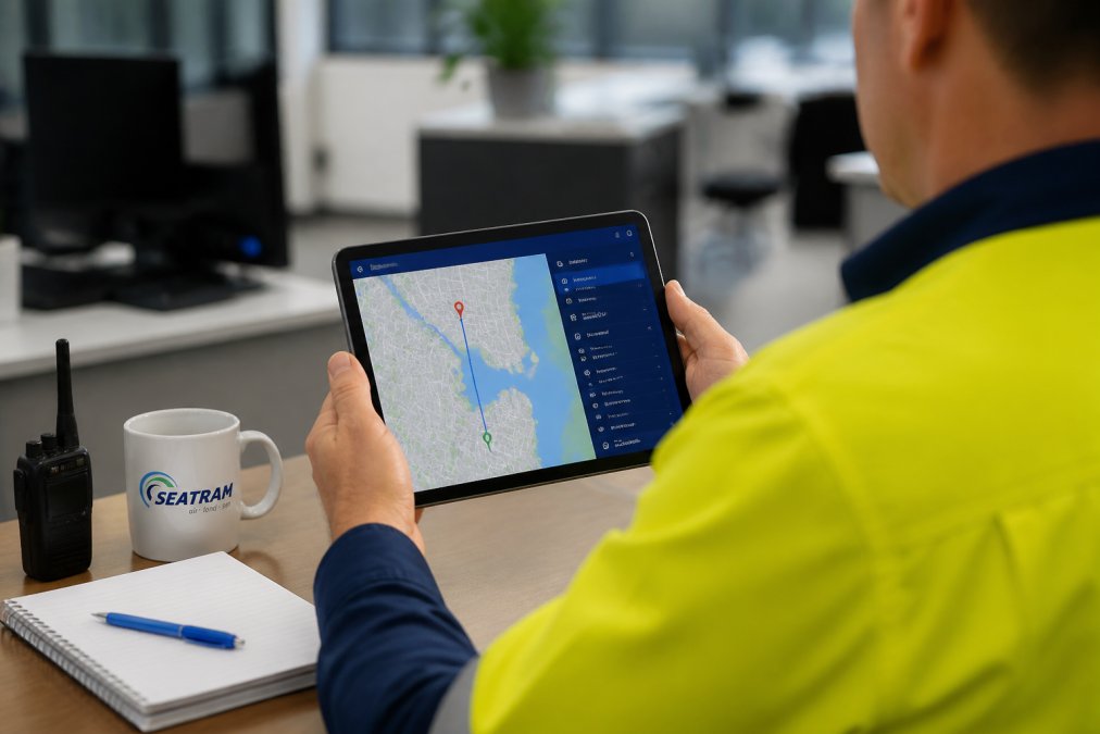 Logistics manager's hands holding a tablet displaying a live interactive shipment map with real-time tracking pins and delivery updates in modern office setting