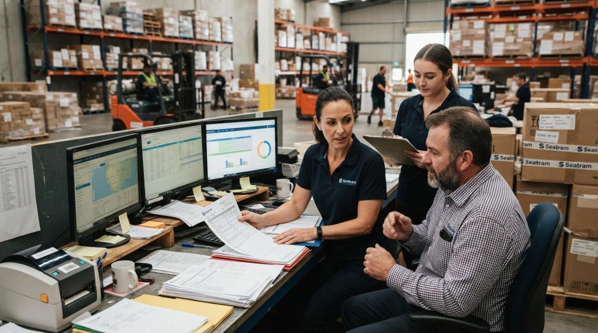 Logistics team reviewing shipment documentation and tracking information at warehouse workstation with multiple computer monitors displaying live tracking data, organised cargo visible in background under bright warehouse lighting