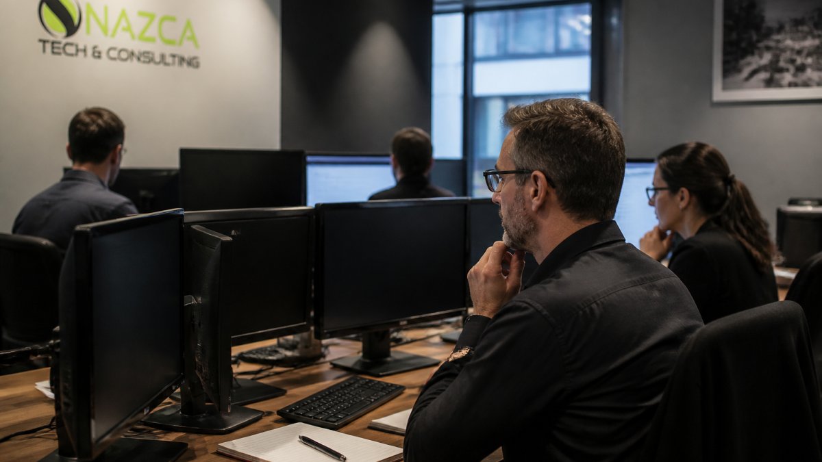 IT security team monitoring multiple screens displaying real-time endpoint activity, security alerts, and threat indicators in a modern operations center with ambient lighting