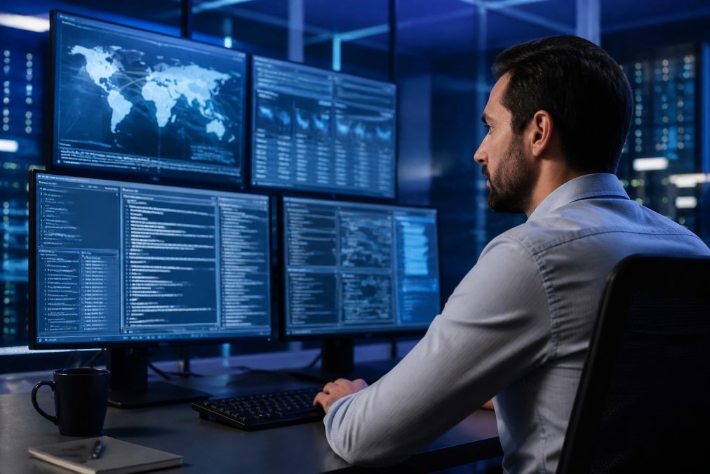 IT security professional monitoring multiple screens displaying real-time endpoint activity and threat alerts in modern security operations center with blue-tinted lighting