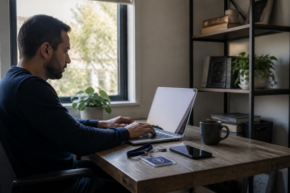 Remote worker at home office with laptop, phone, and security badge visible on desk, representing secure endpoint access from outside the office with natural window lighting