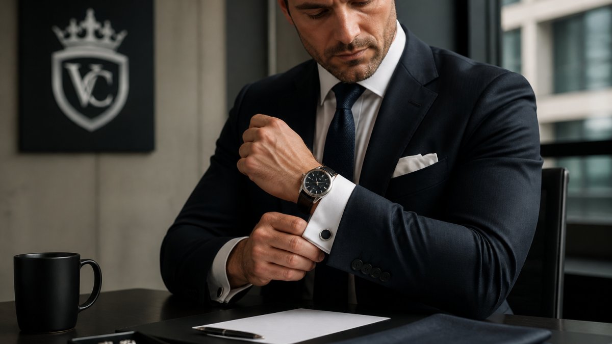 Professional man in formal business attire displaying refined accessories including cufflinks, wristwatch, and pocket square at modern office desk with natural window lighting