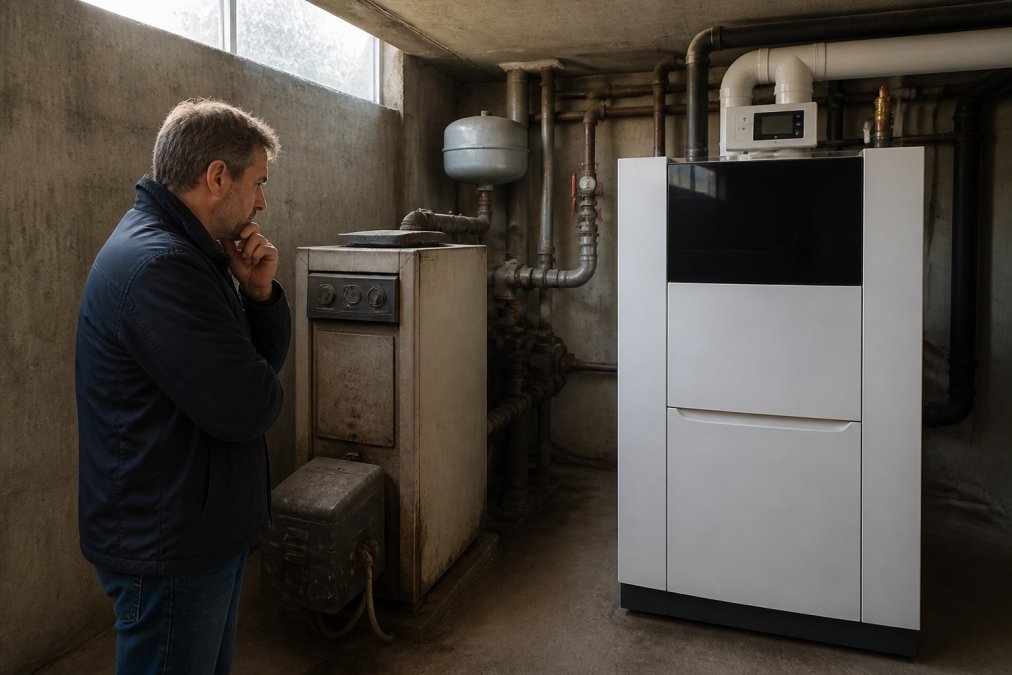 Hausbesitzer inspiziert eine alte Heizungsanlage und plant eine Modernisierung im Keller eines Einfamilienhauses mit Tageslicht von oben