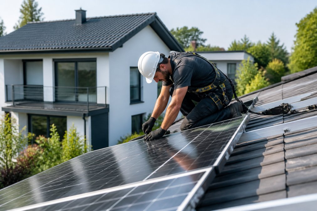 Handwerker installiert Solarpanels auf einem Hausdach bei Tageslicht mit modernem Wohnhaus im Hintergrund