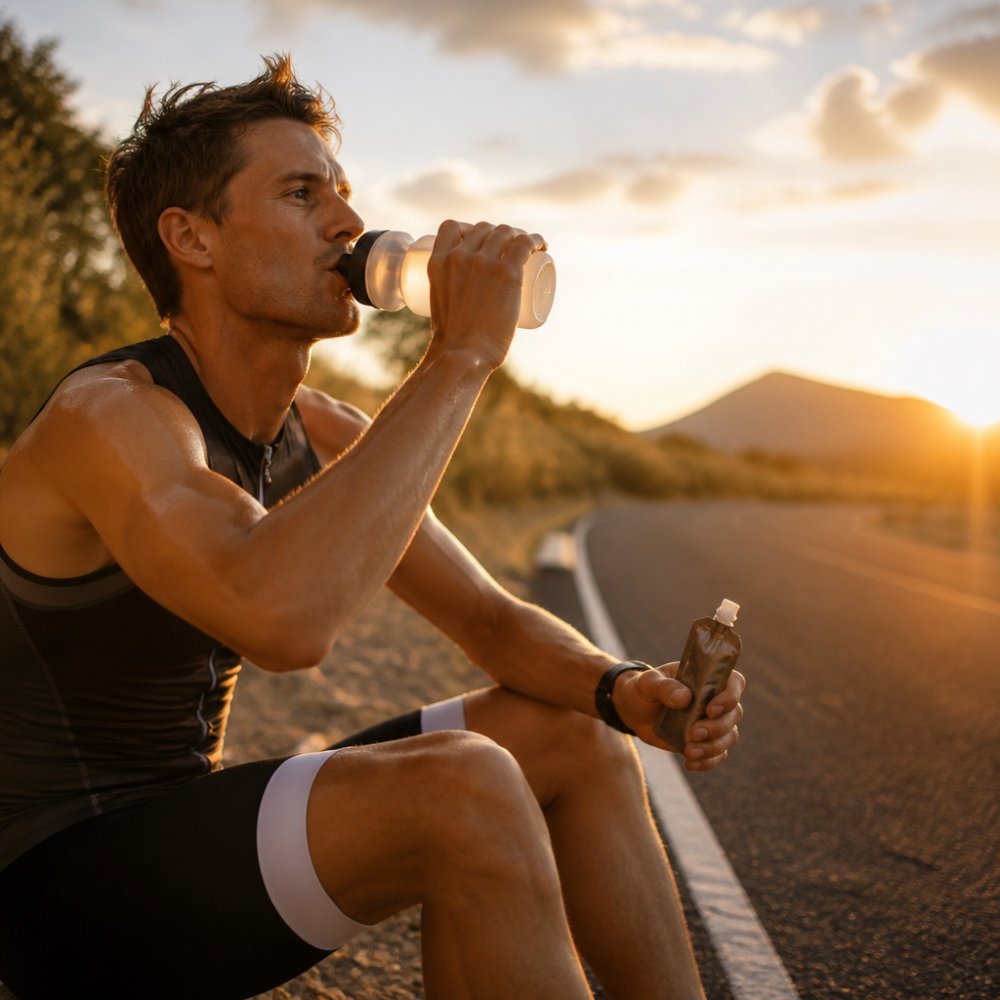 Ein Ausdauersportler sitzt am Rand einer Laufstrecke, trinkt aus einer Sportflasche und hält einen Energiebeutel in der Hand. Die Sonne steht tief, die Szene wirkt erschöpft aber entschlossen.