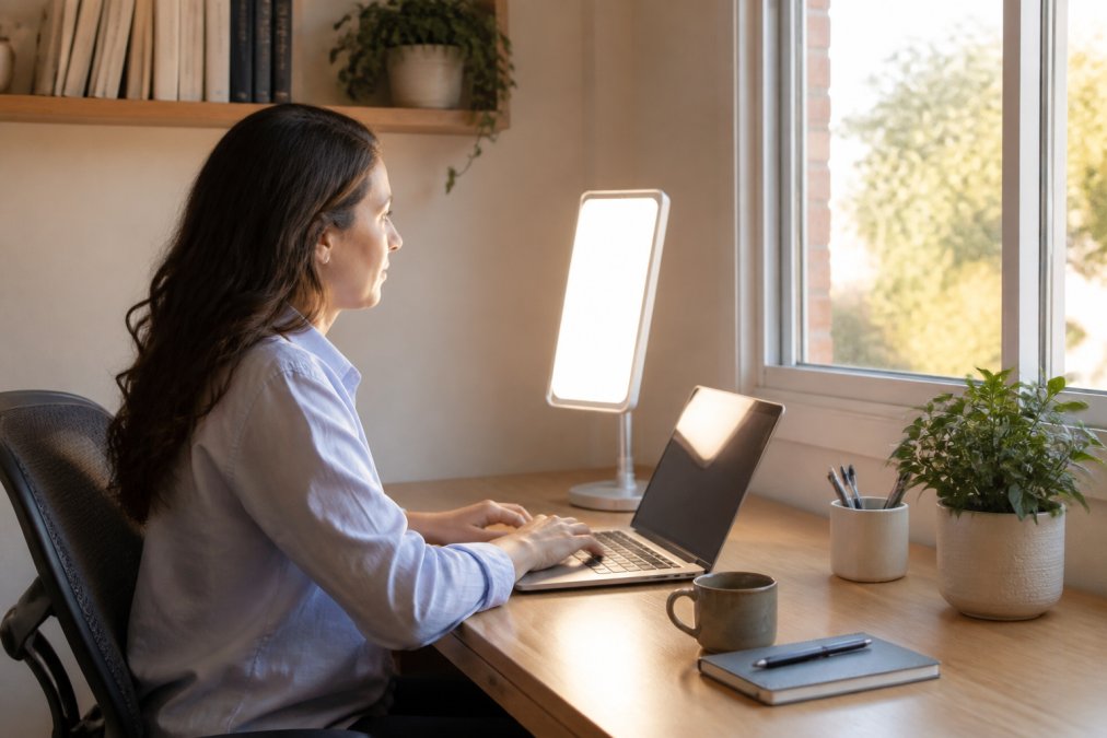 Person working at a home office desk with a light therapy lamp positioned at eye level for energy.