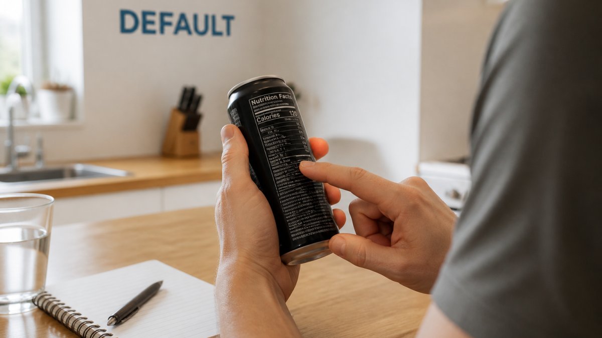 Close-up of a person's hands holding a canned energy drink while reading the ingredient list on the back of the can in a bright kitchen
