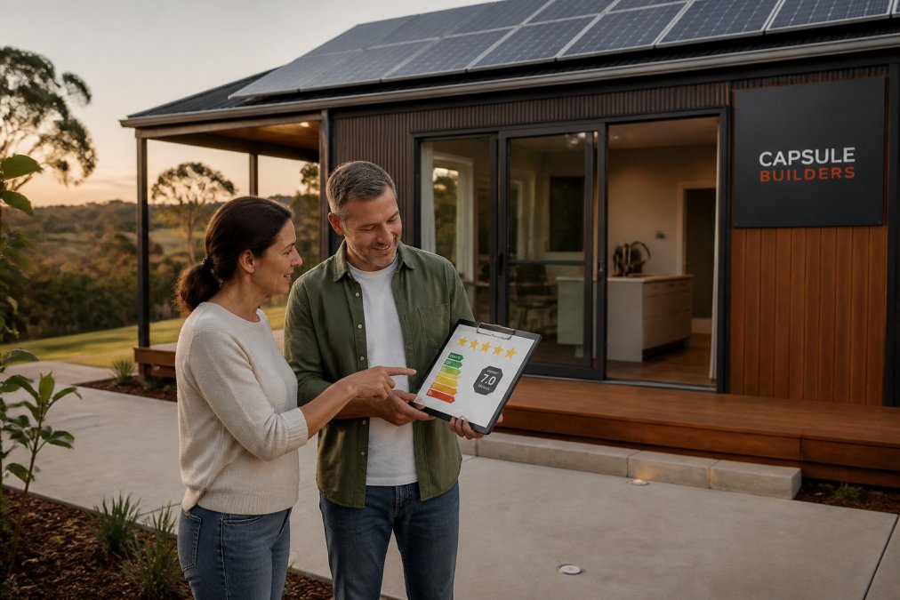 A couple standing outside a modern modular home, pointing at an energy rating certificate displayed on a tablet, with solar panels visible on the roof, late afternoon light