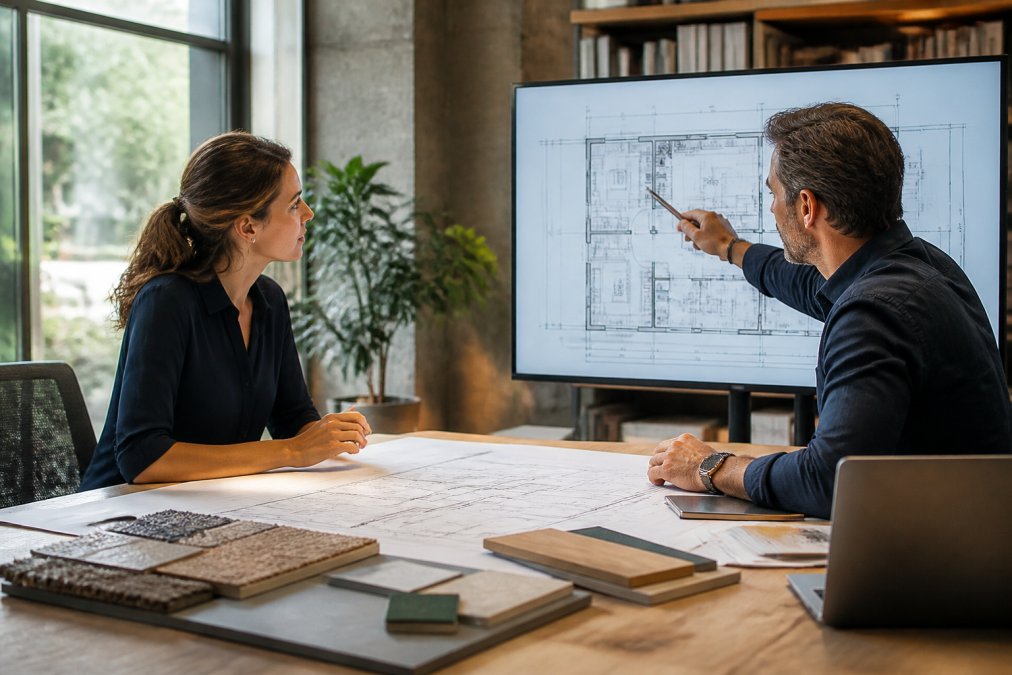 An architect and energy consultant reviewing thermal performance drawings on a large screen in a bright design studio, with floor plans and material samples spread across the desk