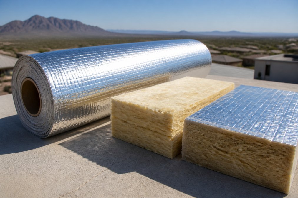 Close-up of reflective roofing material and high-performance insulation samples displayed in natural desert sunlight, showing texture, light reflection, and quality construction details