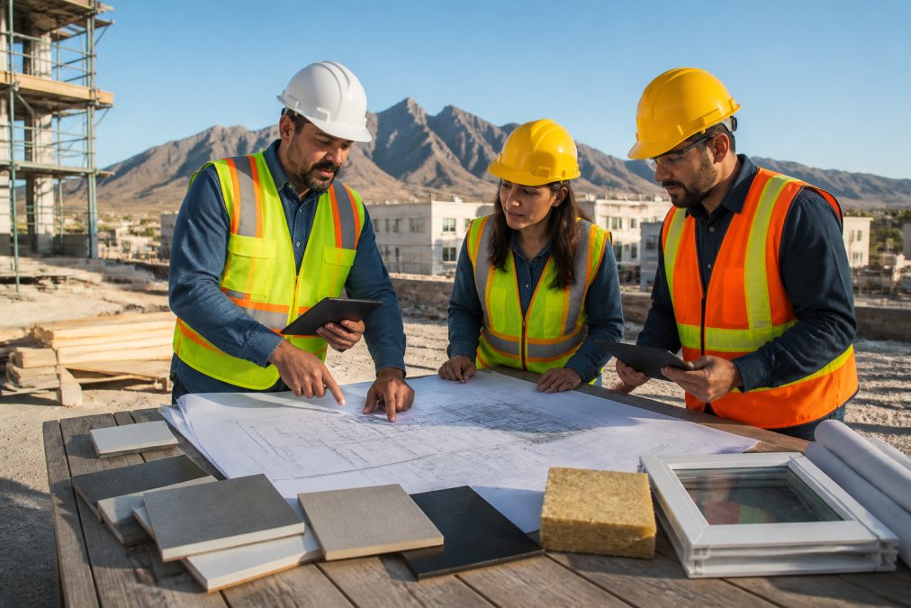 Construction team reviewing building plans and energy efficiency specifications at a job site in El Paso, with blueprints, tablets, and material samples visible on a work table