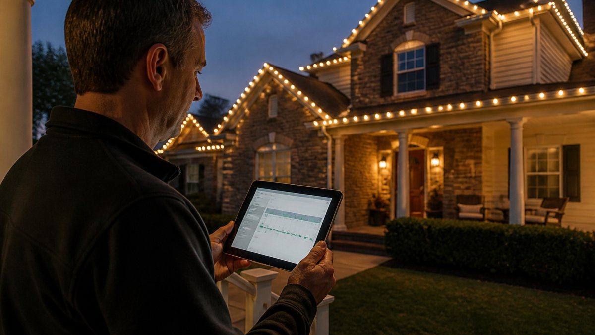 A homeowner standing on a front porch at dusk with a tablet showing a lighting schedule, warm white permanent LED lights glowing along the roofline and gutters behind them