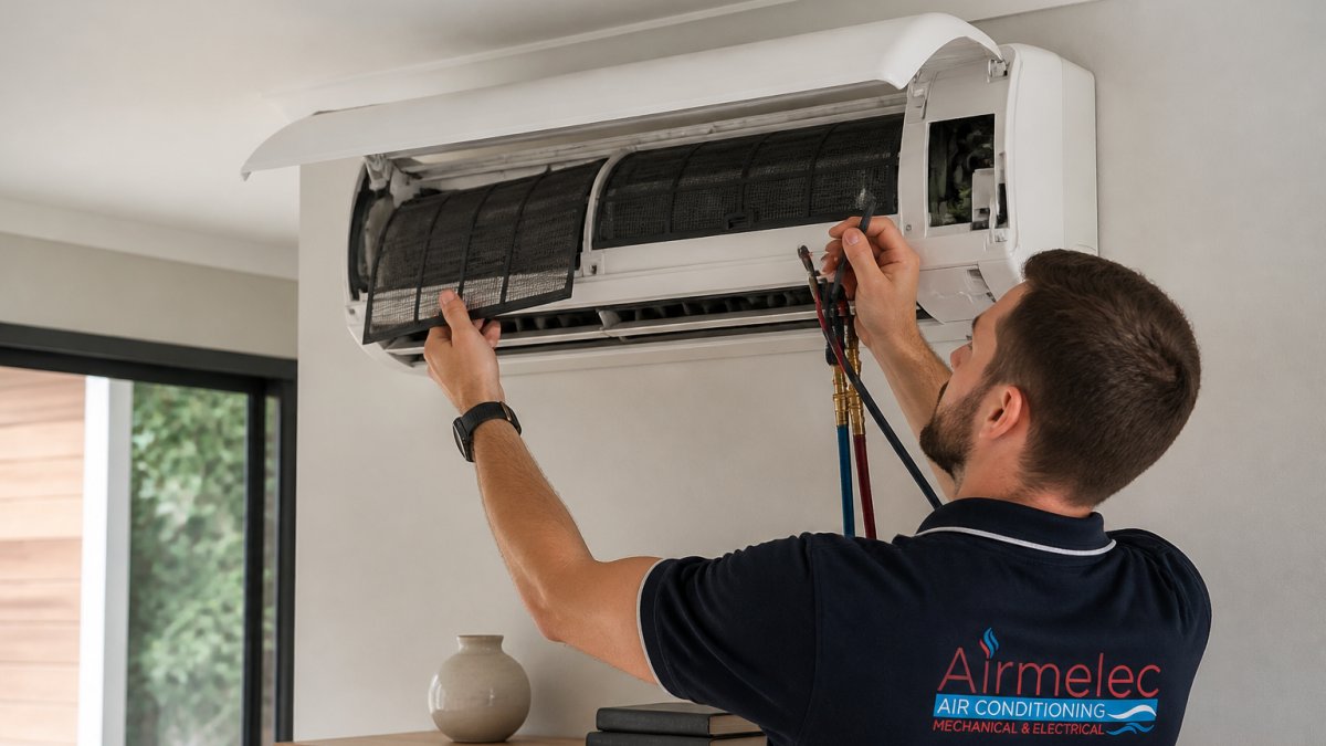 Professional technician performing routine maintenance on an indoor wall-mounted air conditioning unit, checking filters and refrigerant lines in a residential home