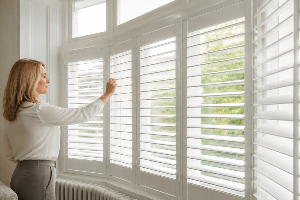 Close-up of a hand adjusting the louvres of a white plantation shutter on a large bay window in a period London home, with soft daylight streaming through