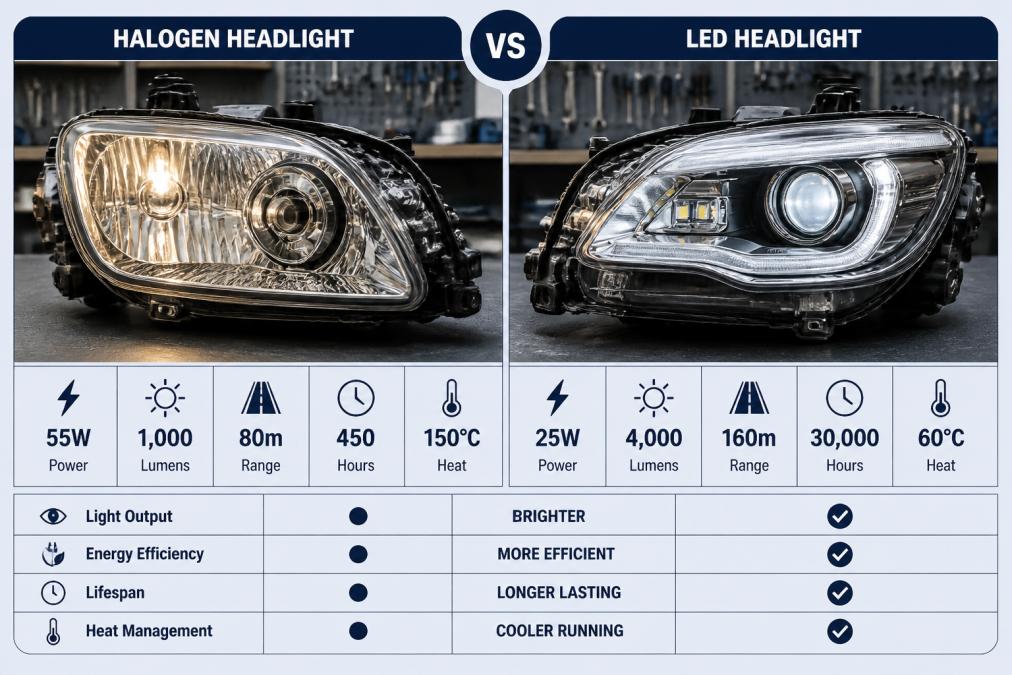 A close-up side-by-side photograph of two car headlight assemblies on a workbench, one with a traditional halogen bulb and one with a modern LED unit, showing the difference in lens clarity and internal components under bright workshop lighting