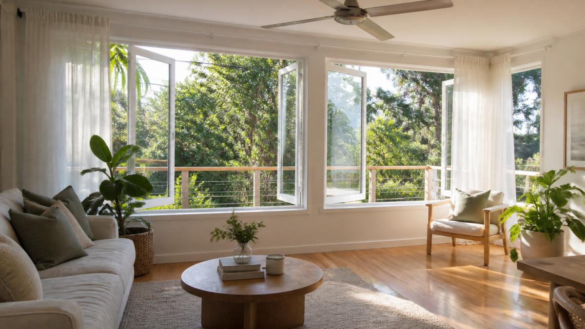 Bright living room with open windows and a ceiling fan, showcasing energy efficient cooling solutions in Australia.