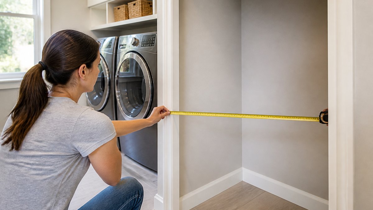 Homeowner measuring a laundry alcove before installing new front load laundry pairs in a bright room