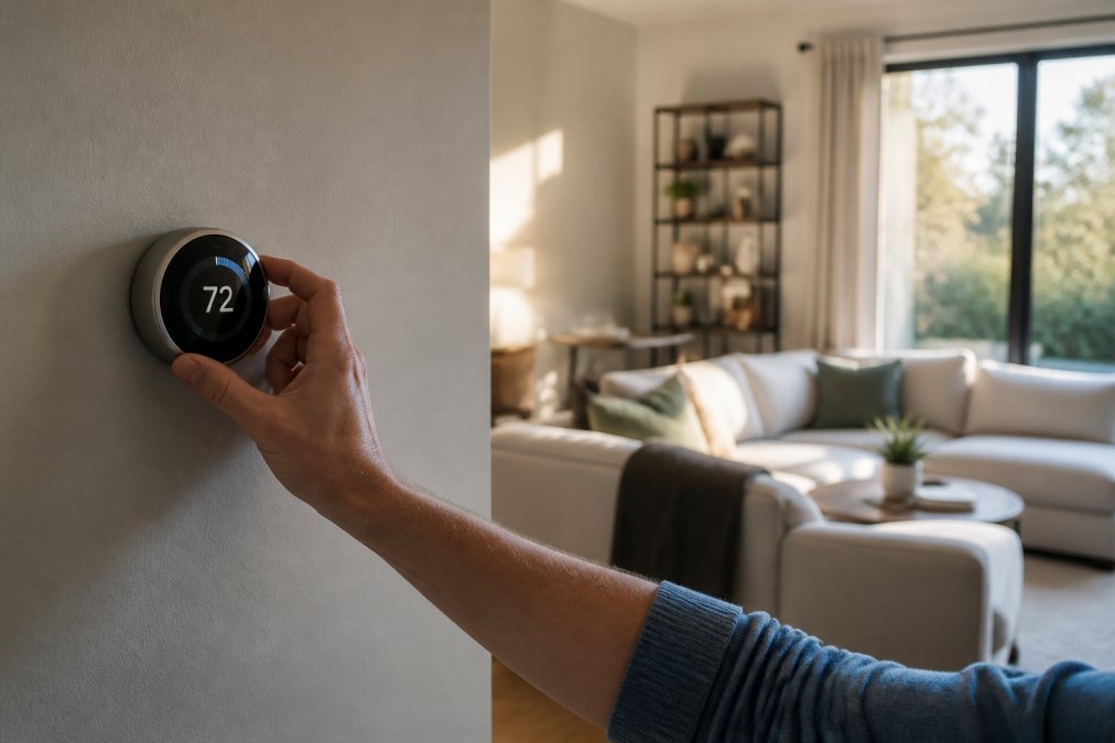 A modern smart thermostat mounted on a neutral-colored living room wall, a homeowner's hand adjusting the digital display showing 72 degrees, soft afternoon light through nearby window