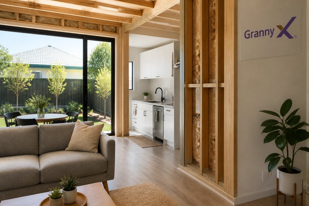 Energy efficient granny flat with large north-facing windows and a visible timber frame in a garden setting