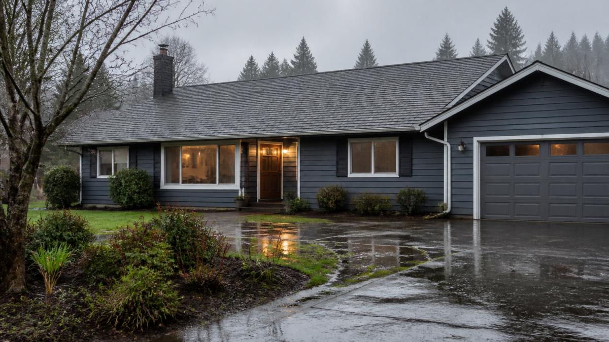 Residential home in winter with rain falling, wet landscape showing overcast skies and moisture-heavy conditions typical of Willamette Valley climate