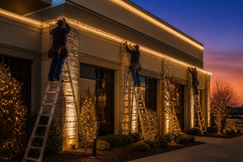 Professional installation team hanging LED light strings on a modern office building exterior at dusk, with workers safely positioned on ladders and the building facade illuminated with warm white lights