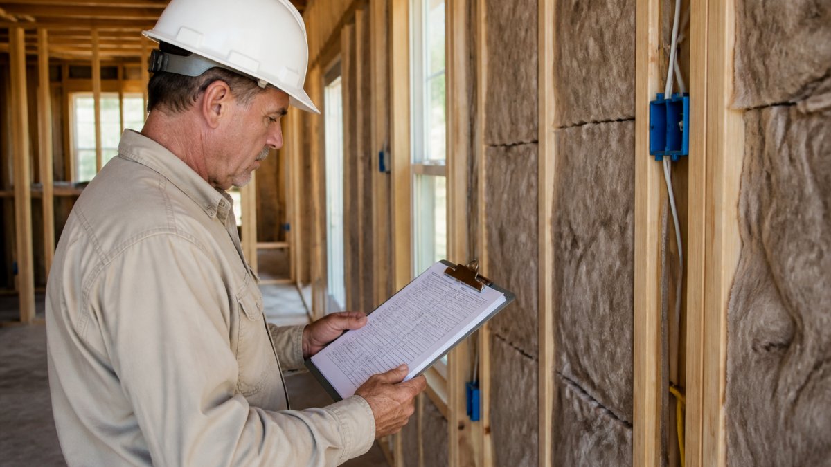 A construction supervisor in a hard hat reviewing a printed compliance checklist on a clipboard inside a framed new home under construction, with insulation batts visible in the wall cavity behind him