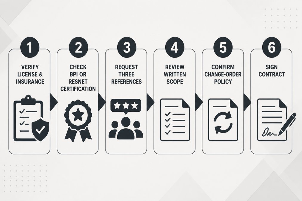 6-step flowchart for vetting energy efficient home upgrade contractors before signing a project contract.