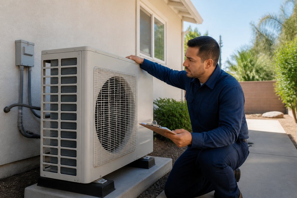 HVAC technician inspecting a modern heat pump during energy efficient home upgrades for a suburban house