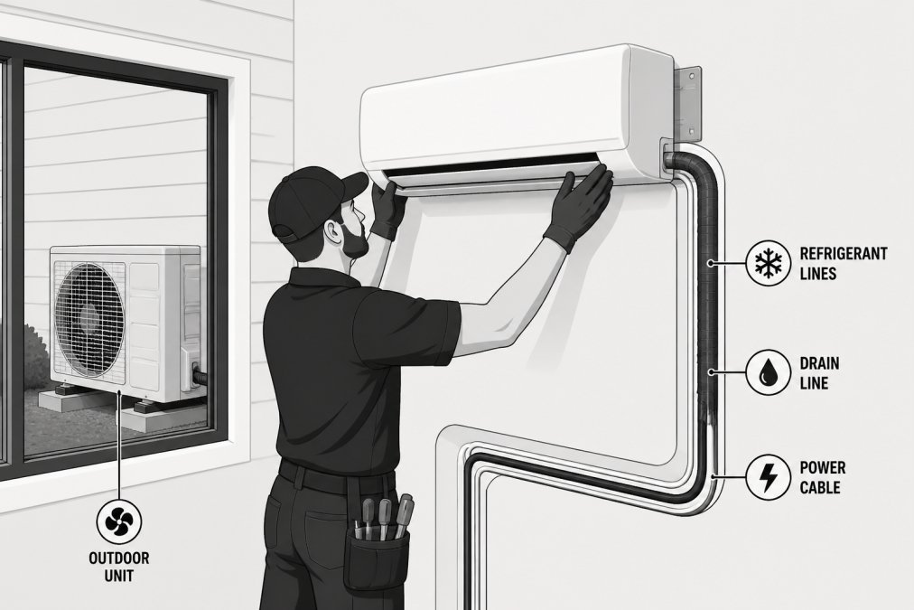 Professional HVAC technician installing a modern mini-split heat pump indoor unit on a residential wall, with the outdoor compressor visible through a window in the background, showing proper mounting and connection lines