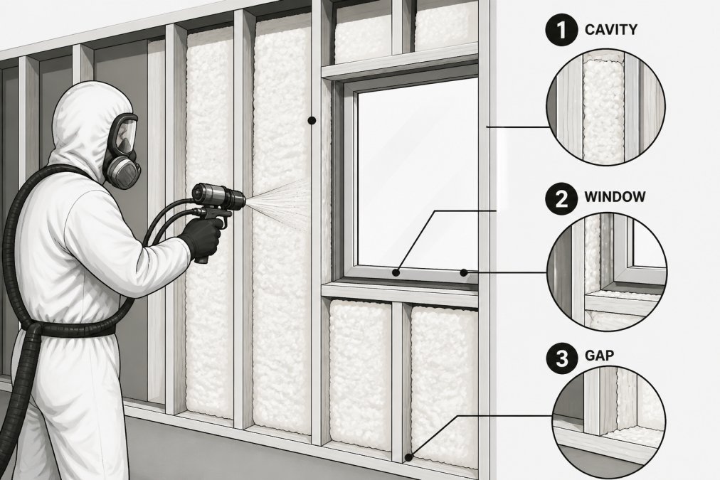 Trained technician in protective gear spraying expanding foam insulation into wall cavities and gaps during a residential renovation, showing the application technique and the foam filling spaces around studs and window frames