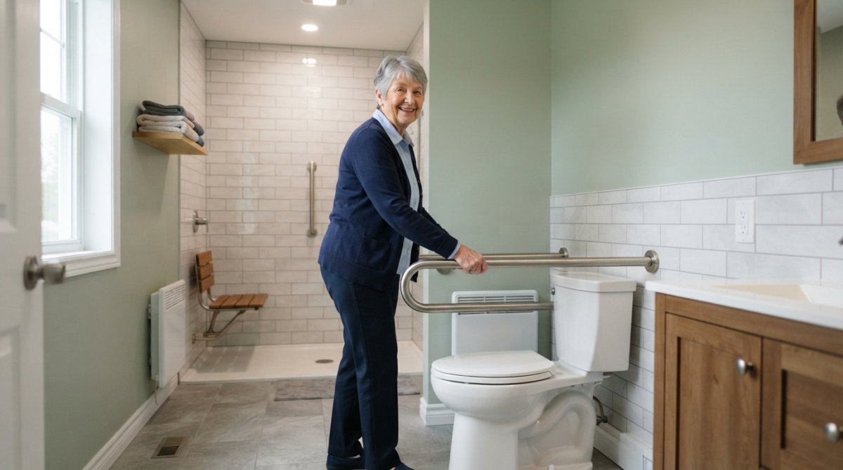 Senior homeowner examining a modern smart thermostat mounted on wall in accessible kitchen with grab bars and lever-style door handles visible
