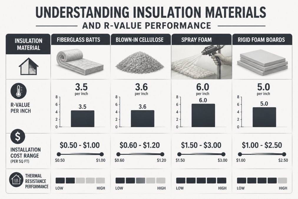 Bar chart comparing R-value per inch, installation cost range, and thermal resistance performance for fiberglass batts (R-3.5 per inch, $0.50-$1.00 per sq ft), blown-in cellulose (R-3.6 per inch, $0.60-$1.20 per sq ft), spray foam (R-6 per inch, $1.50-$3.00 per sq ft), and rigid foam boards (R-5 per inch, $1.00-$2.50 per sq ft)