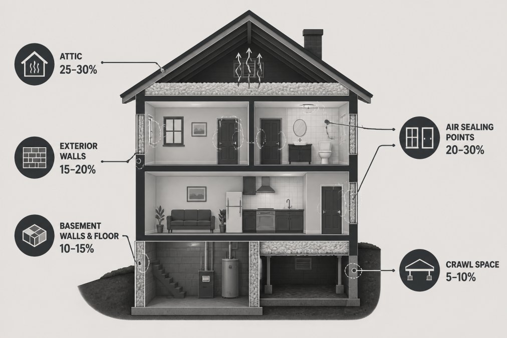 Cross-section diagram of a house showing priority zones for energy efficient insulation upgrades: attic (accounts for 25-30% of heat loss), exterior walls (15-20% of heat loss), basement walls and floor (10-15% of heat loss), crawl space (5-10% of heat loss), and air sealing points around doors, windows, and penetrations (20-30% of heat loss combined)