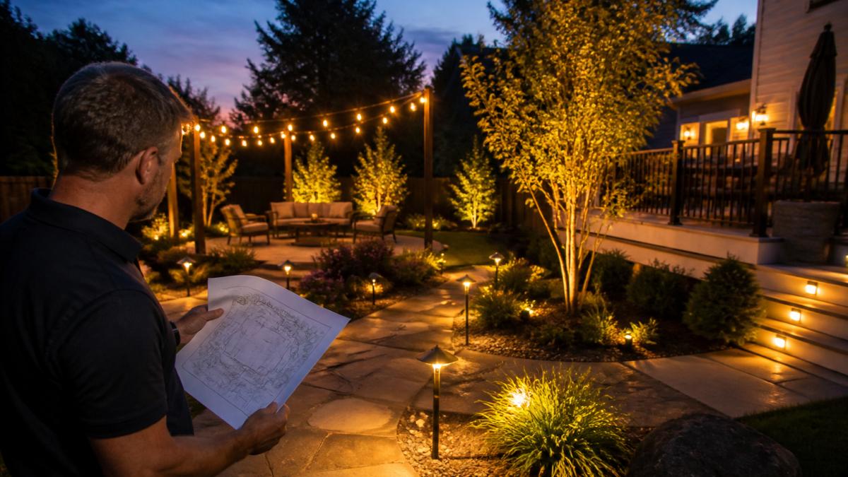 Diagram showing energy efficient outdoor lighting zones for a backyard layout with paths, decks, and seating areas.