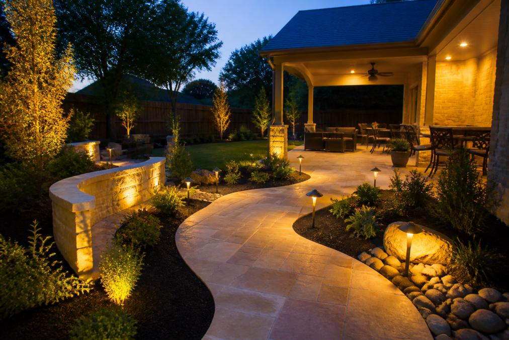 Well-lit patio at dusk showing LED lights strategically placed along pathways, accent lighting on landscaping features, and ambient overhead lighting creating a warm, inviting outdoor living space