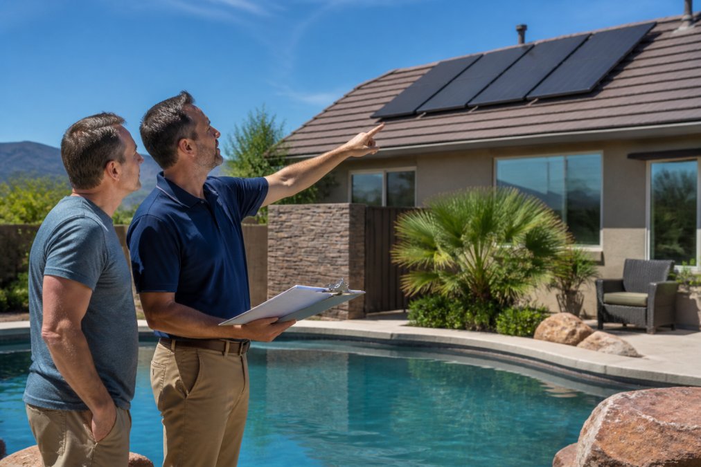 A homeowner and an installer standing beside a residential swimming pool, reviewing a clipboard and pointing at rooftop solar thermal panels under clear blue sky