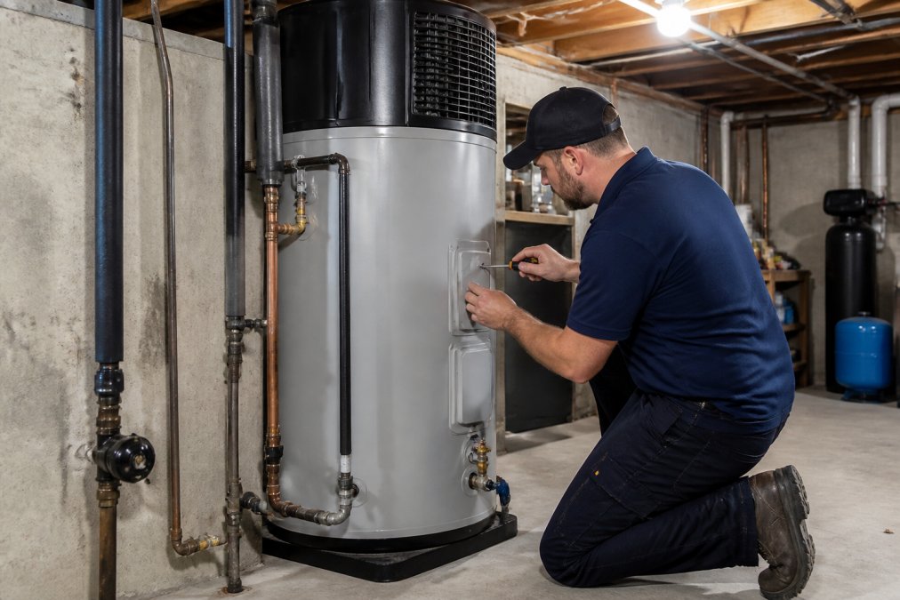 Professional plumber installing a modern heat pump water heater unit in a residential basement utility room, showing the equipment, connections, and careful workmanship under bright task lighting
