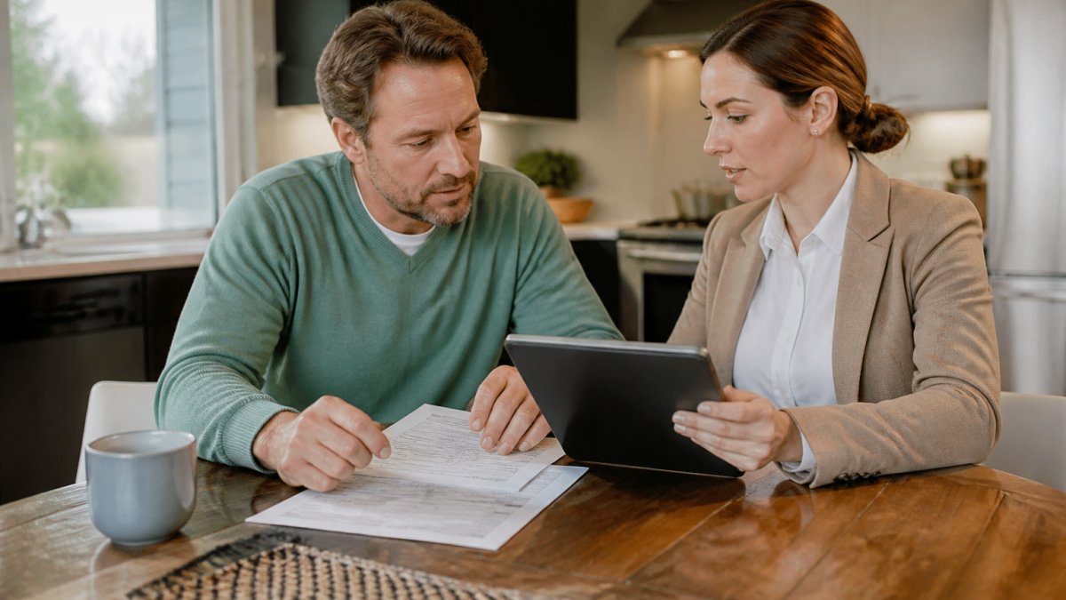 Homeowner and consultant reviewing utility data to diagnose energy performance gaps at a kitchen table