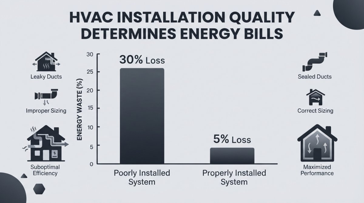 Bar chart comparing 30% energy waste in poor HVAC installation vs 5% in proper setups for better HVAC installation tips.