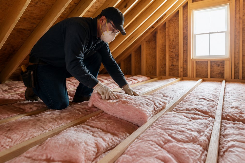 Professional installing fiberglass insulation batts between wooden attic joists, showing proper alignment and coverage density, with natural light streaming through attic window