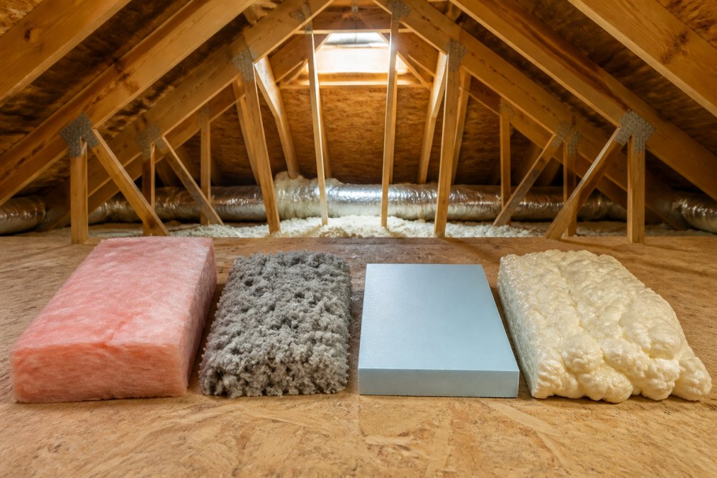 Four different insulation material samples displayed side by side in an attic setting: fiberglass batts, loose-fill cellulose, rigid foam board, and spray foam, with natural overhead lighting