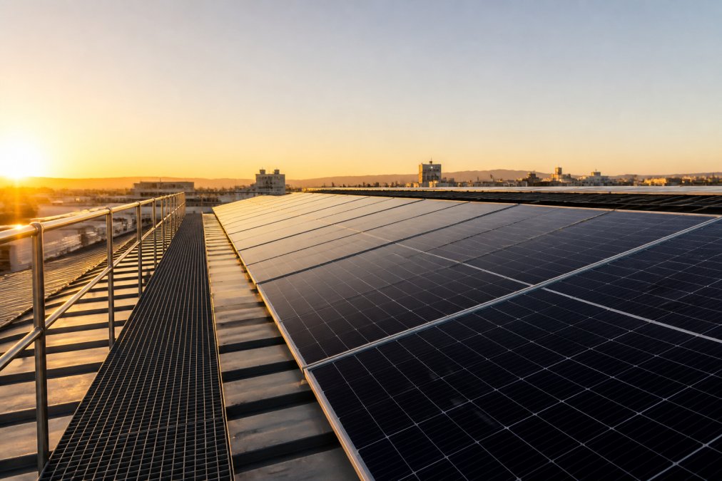 Commercial building rooftop with solar panels installed during golden hour, showing modern renewable energy infrastructure against clear sky with maintenance walkway visible