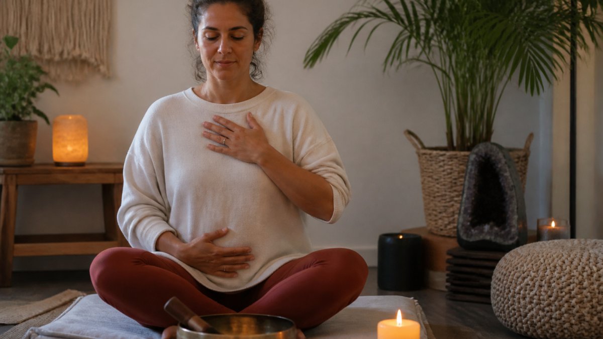A woman sitting cross-legged on a cushion in a softly lit room, eyes closed, one hand resting on her chest and the other on her belly, with a singing bowl and candle nearby